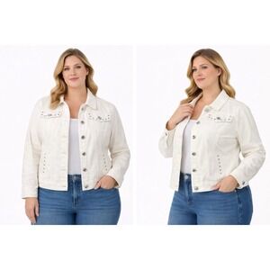 Earl Jean White Denim Jacket Women XL Studded Button Front Western Style